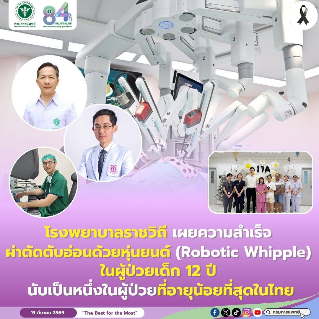 โรงพยาบาลราชวิถี เผยความสำเร็จการผ่าตัดตับอ่อนด้วยหุ่นยนต์ (Robotic Whipple) ในผู้ป่วยที่อายุน้อยที่สุดในไทย