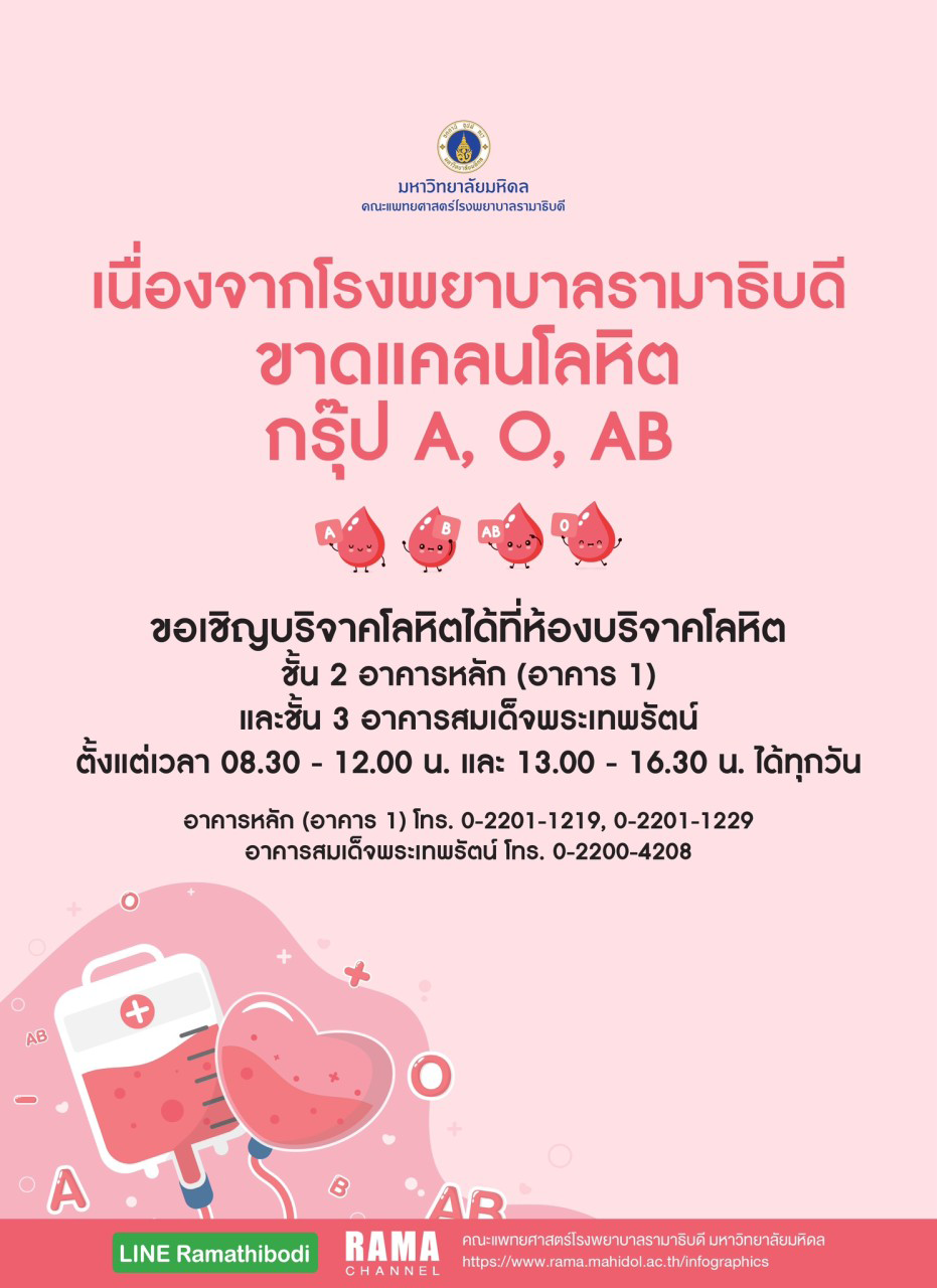ขอเชิญบริจาคโลหิตที่ คณะแพทยศาสตร์โรงพยาบาลรามาธิบดี มหาวิทยาลัยมหิดล