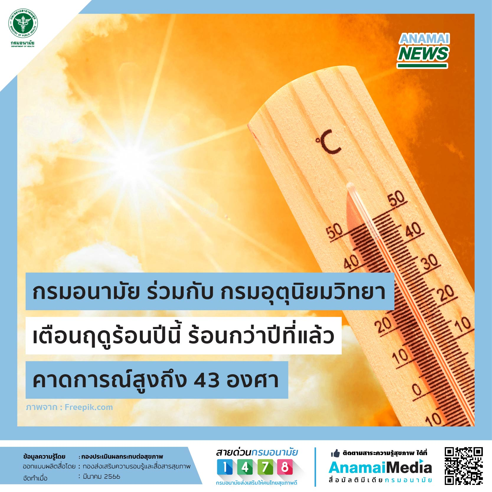 กรมอนามัย ร่วมกับ กรมอุตุนิยมวิทยา เตือนฤดูร้อนปีนี้ ร้อนกว่าปีที่แล้ว คาดการณ์สูงถึง 43 องศา