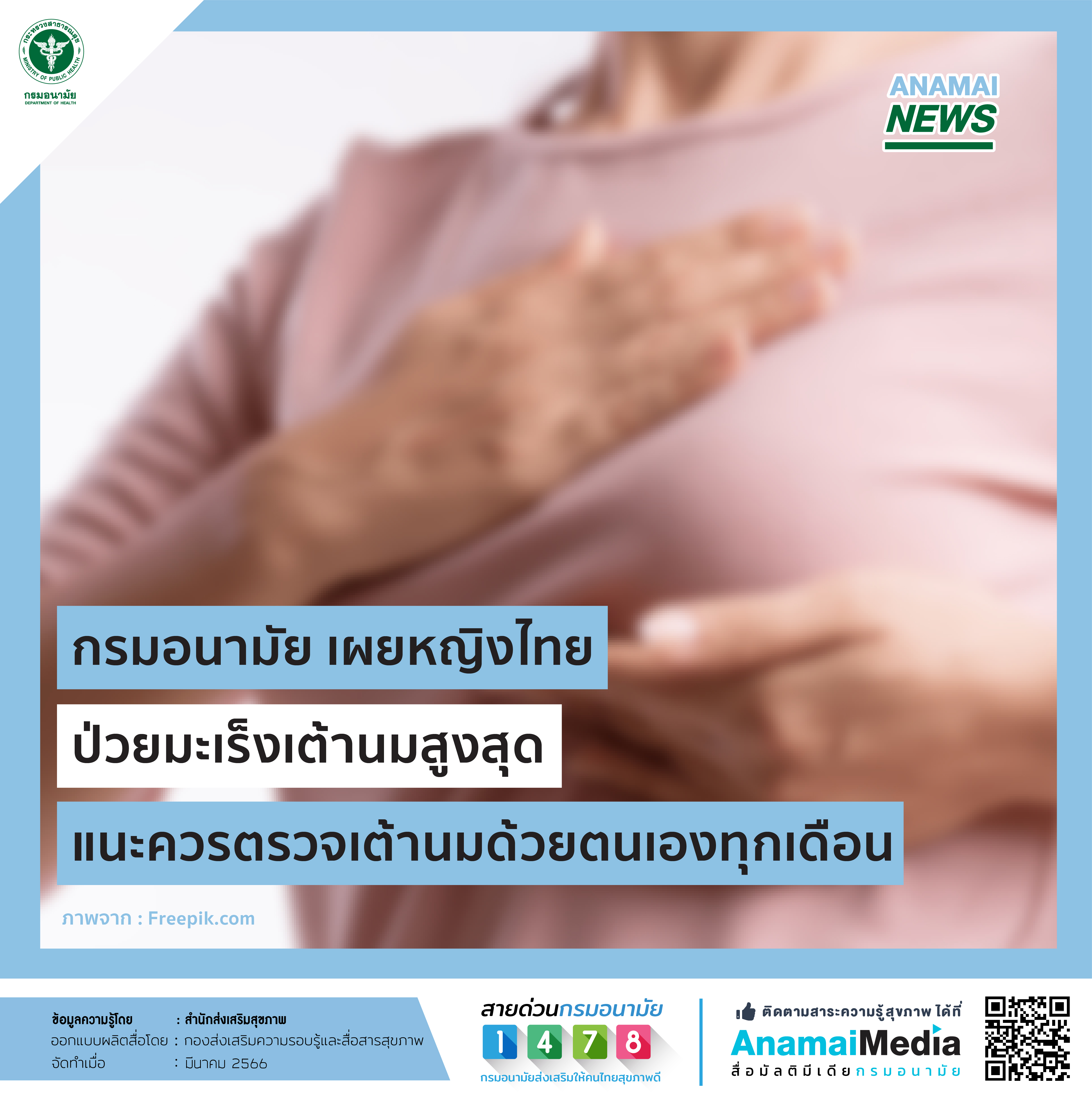 กรมอนามัย เผยหญิงไทยป่วยมะเร็งเต้านมสูงสุด แนะควรตรวจเต้านมด้วยตนเองทุกเดือน 