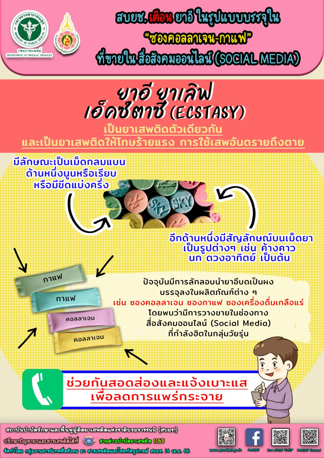 สบยช. เตือน ยาอี ในรูปแบบบรรจุในซองคอลลาเจน-กาแฟ ที่ขายใน สื่อสังคมออนไลน์ (Social Media)