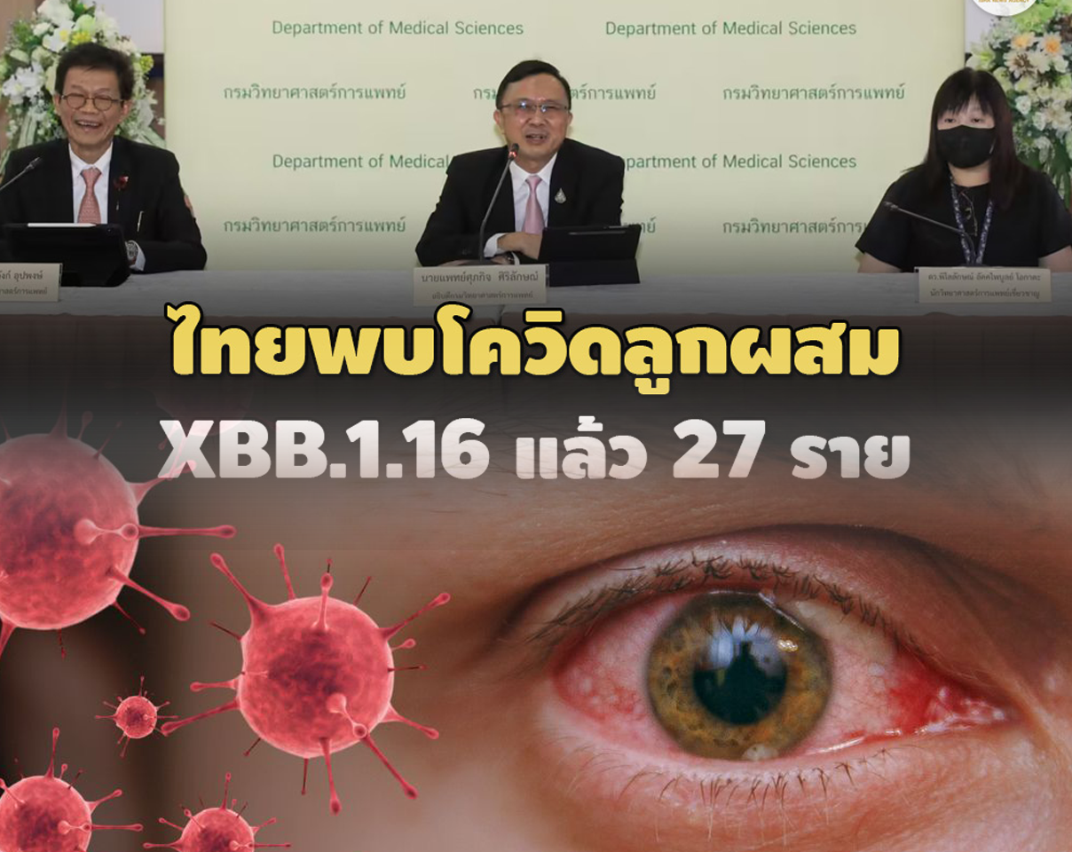 กรมวิทย์ฯ เผยไทยพบสายพันธุ์ลูกผสม XBB.1.16 แล้ว 27 ราย ชี้อาจแพร่เร็วกว่า XBB.1 และ XBB.1.5  ส่วนความสามารถในการหลบภูมิคุ้มกันใกล้เคียงกัน แต่ยังไม่มีหลักฐานเรื่องความรุนแรงเพิ่มขึ้นขอประชาชนอย่าตื่นตระหนก 