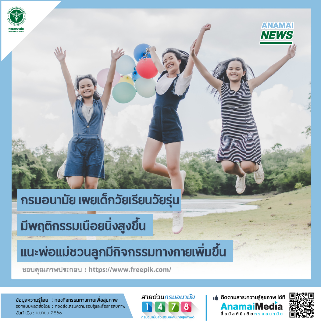 กรมอนามัย เผยเด็กวัยเรียนวัยรุ่น มีพฤติกรรมเนือยนิ่งสูงขึ้น แนะพ่อแม่ชวนลูกมีกิจกรรม ทางกายเพิ่มขึ้น