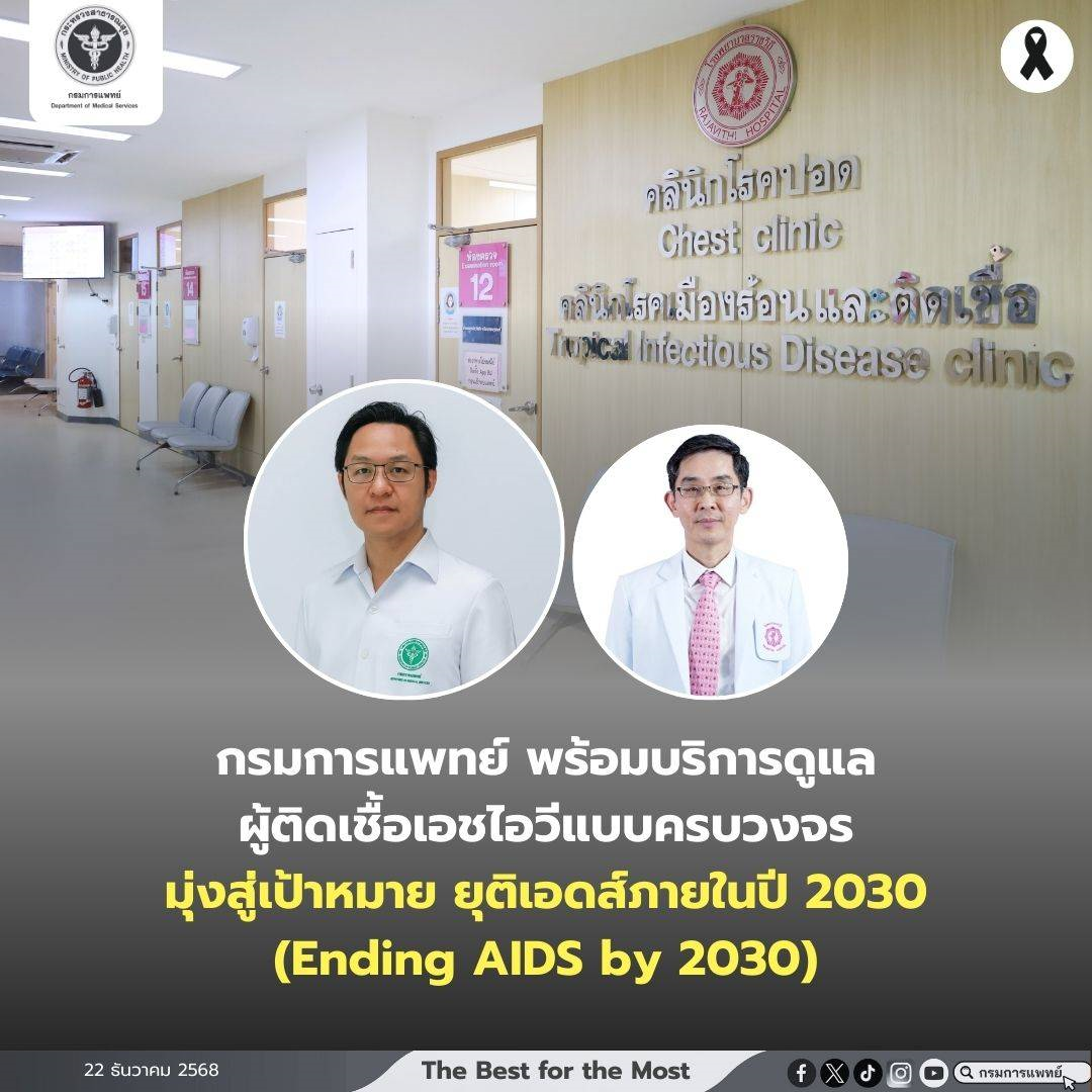 โรงพยาบาลราชวิถี กรมการแพทย์ พร้อมบริการดูแลผู้ติดเชื้อเอชไอวีแบบครบวงจร มุ่งสู่เป้าหมาย ยุติเอดส์ภายในปี 2030 (Ending AIDS by 2030)